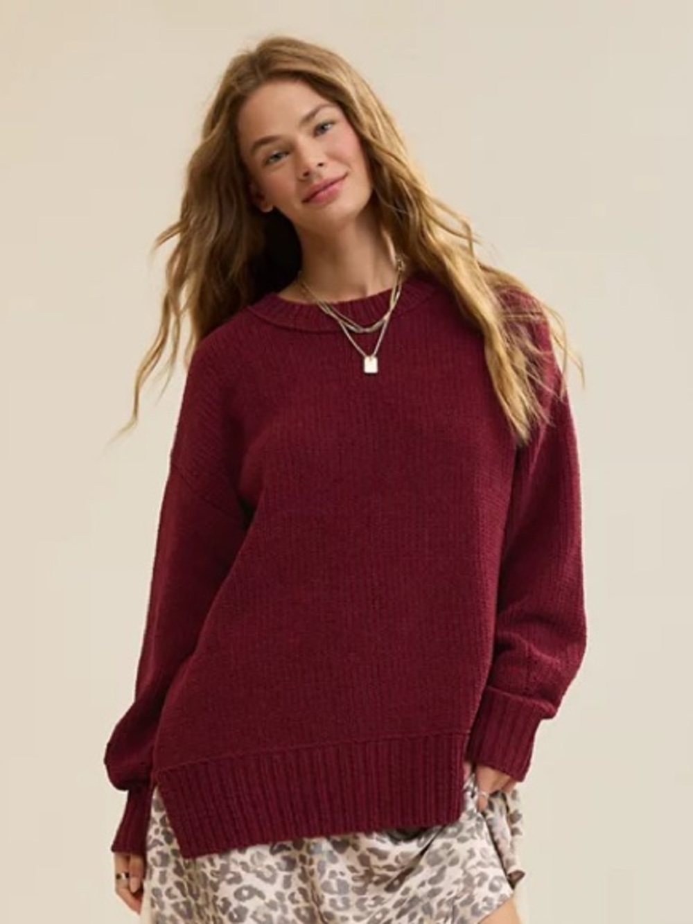 Aerie Chenille Chunky Knit Like Candy Deep Cherry Burgundy Sweater
